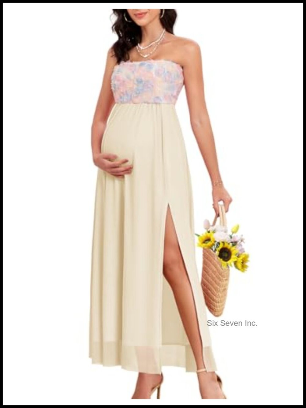 AISWI 3D Floral Mesh Split Strapless Maternity Dress A-Line Baby Shower